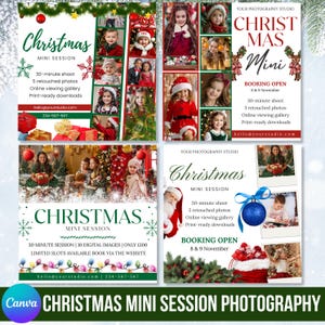 May include: Christmas mini session photography advertisement. The flyer features children's photos, festive decorations, and text that reads "Christmas Mini Session." Details include a 30-minute shoot, 5 retouched photos, and online viewing gallery.