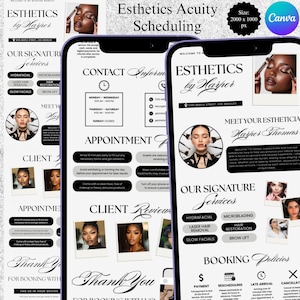 May include: A digital advertisement for Esthetics by Harper, showcasing services like Hydrafacial and Microblading. The design features a phone screen with text and images, including contact information and booking policies. The color scheme is primarily black and white.