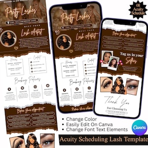 May include: A digital template for lash artists, featuring a brown and white design with the text "Pretty Lashes" and "Meet Your Lash Artist." The template includes sections for hours, contact, booking policies, and before-appointment instructions. It also features a "Thank You" section.