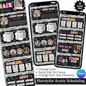 May include: A digital Canva template for a hairstylist booking site featuring a newspaper-style background with torn paper sections. It includes sections for Meet Your Hair Stylist, Hours, Contact, Our Clients, Booking Policies, and Thank You.