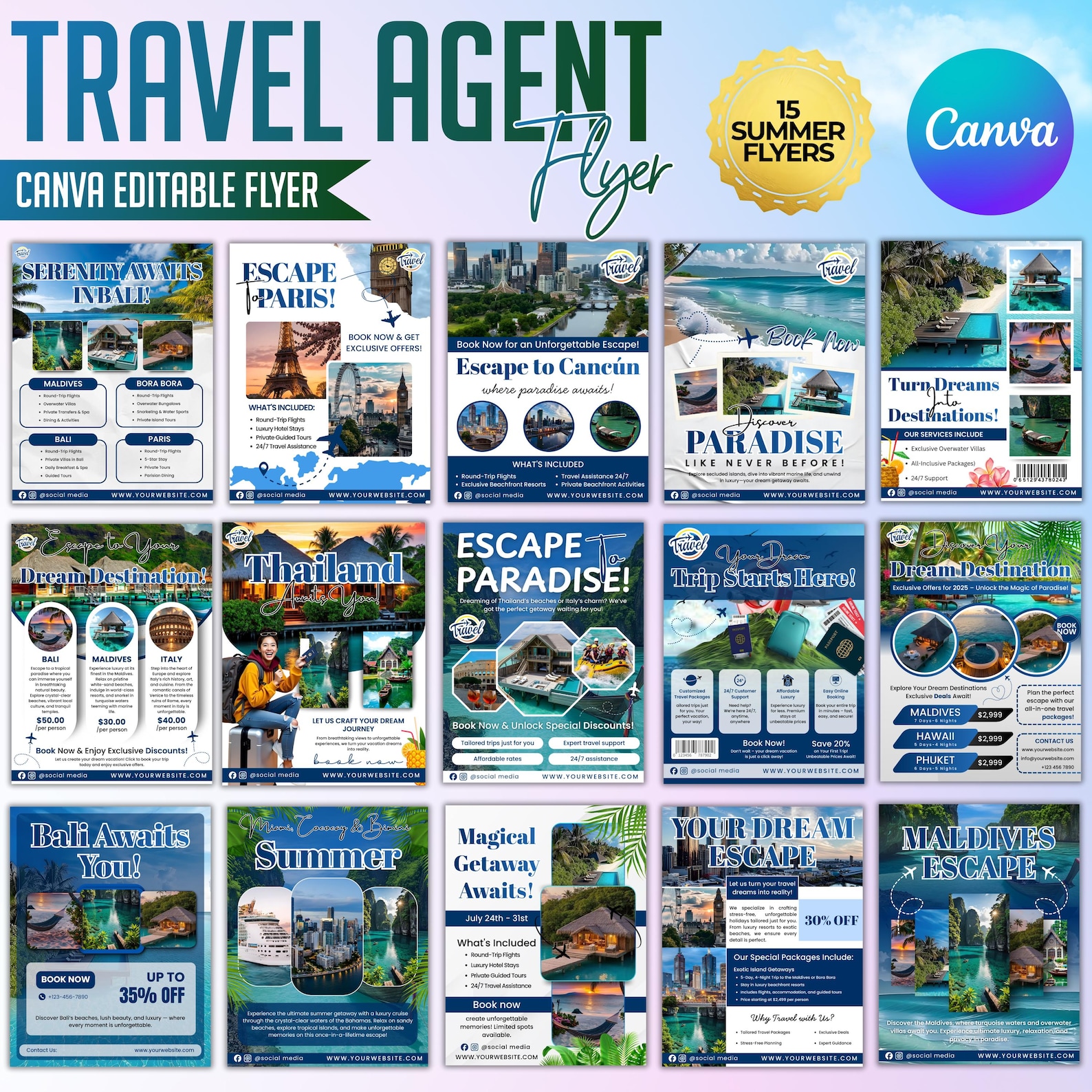 Travel Agent Flyer Template Bundle | Canva Editable Travel Marketing ...
