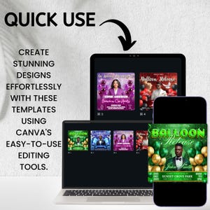 Puede incluir: Un port&aacute;til, una tableta y un smartphone muestran plantillas de Canva para anuncios de eventos. La pantalla muestra plantillas para lanzamientos de globos y servicios conmemorativos. El texto incluye "Quick Use", "Create Stunning Designs".