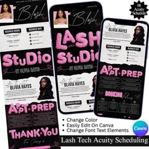 May include: A digital marketing template for a lash studio, with a black and pink colour scheme. The design includes business hours, contact info, and appointment preparation details. The text reads "Blush Lash Studio by Olivia Hayes".