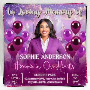 Puede incluir: Anuncio conmemorativo con un retrato de Sophie Anderson, rodeado de globos morados y magenta. El texto dice "In Loving Memory of Sophie Anderson, Forever in Our Hearts." Detalles incluyen fecha, hora y lugar.