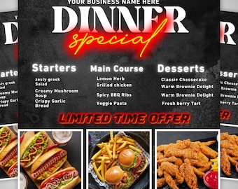 Folleto de oferta de cena, folleto especial de domingo, folleto comercial del menú de comida del restaurante, plantilla de folleto editable de Canva, folleto especial de cena