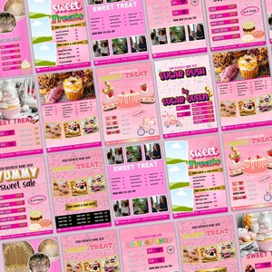 Op de afbeelding: Een verzameling roze flyers met de tekst "Sweet Treats" en "Dessert Shop". De flyers tonen afbeeldingen van taarten, cupcakes en andere gebakken producten. Sommige flyers bevatten een menu met prijzen en contactgegevens.