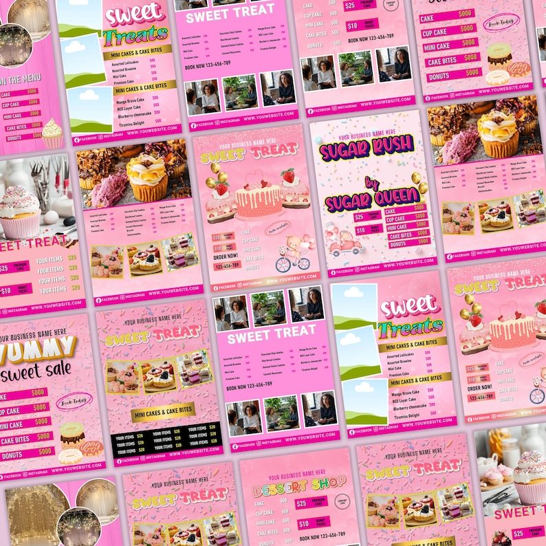 Op de afbeelding: Een verzameling roze flyers met de tekst "Sweet Treats" en "Dessert Shop". De flyers tonen afbeeldingen van taarten, cupcakes en andere gebakken producten. Sommige flyers bevatten een menu met prijzen en contactgegevens.
