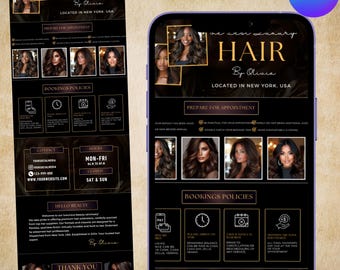 Planningsjabloon Hair Acuity, boekingswebsite voor doe-het-zelver, Canva bewerkbare Acuity Hair-site, Black & Gold Hair Acuity-planning,