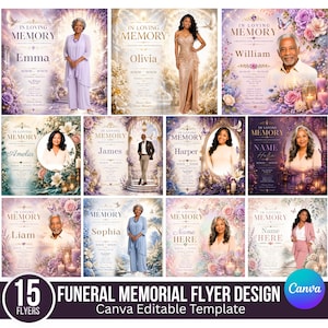 May include: A collection of fifteen funeral memorial flyer templates featuring floral arrangements, candles, and butterflies. Each design includes the text In Loving Memory, placeholders for names, dates, and service details, and spaces for portrait photos.