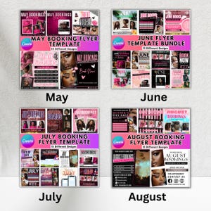 May include: Four flyer templates for booking services, one for each month: May, June, July, and August. Each template features multiple designs, with the Canva logo visible. The templates are in shades of pink, purple, and white, with text in English.