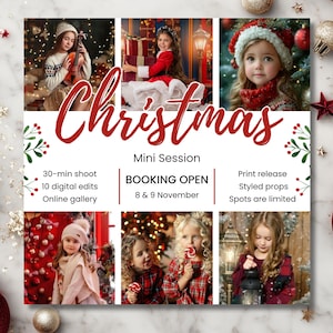 May include: A promotional graphic for a Christmas mini-session. The word "Christmas" is in red script. The graphic includes photos of children in festive outfits, along with details about the session, including the dates of November 8th and 9th.