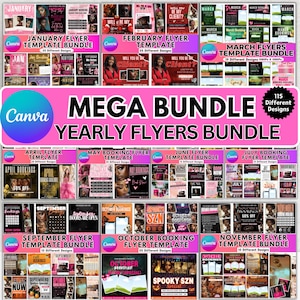 May include: A comprehensive bundle of Canva flyer templates, covering the entire year from January to November. Each month features multiple designs, with a total of 115 different templates available. The flyers are designed for booking purposes and are suitable for various businesses.