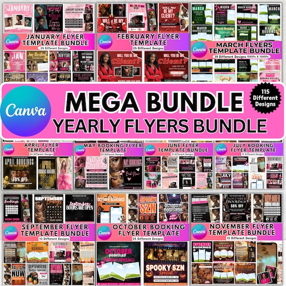 12 Monthly Flyer Mega Bundle, Yearly Flyers Template, 12 Month Booking Flyer, Canva Editable Template Flyer, Beauty Flyer Digital Download