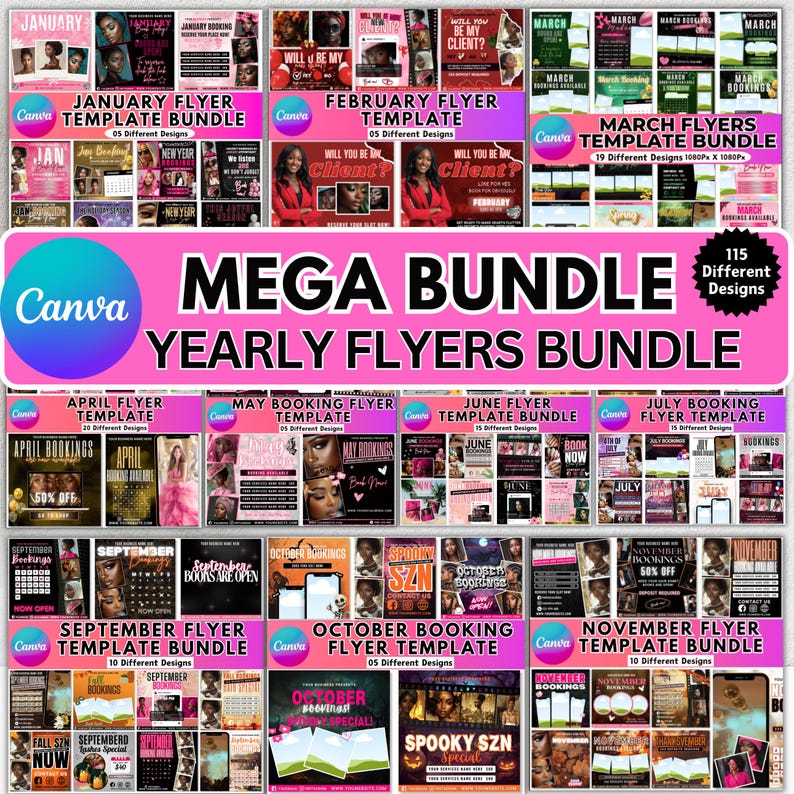 May include: A comprehensive bundle of Canva flyer templates, covering the entire year from January to November. Each month features multiple designs, with a total of 115 different templates available. The flyers are designed for booking purposes and are suitable for various businesses.