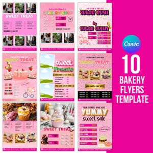 Puede incluir: Un conjunto de diez plantillas de folletos de panadería rosas. Cada folleto presenta imágenes de pasteles, cupcakes y otros postres, junto con texto como "Sweet Treat" e información de precios. Los folletos están diseñados para promocionar artículos de panadería.