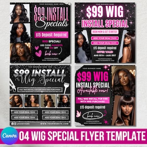 Puede incluir: Una plantilla de folleto promocional para ofertas de instalación de pelucas. El diseño presenta imágenes de mujeres con varios peinados, con el texto "$99 Wig Install Special" y "$15 de depósito requerido".