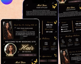 Planningsjabloon Hair Acuity, boekingswebsite voor doe-het-zelver, Canva bewerkbare Acuity Hair-site, Black & Gold Hair Acuity-planning,