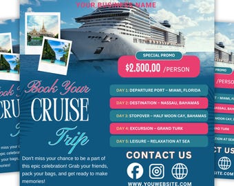 Cruise trip Flyer, Cruise Vacation Business Trip Template Boat Yacht Invitation Editable Canva Invite Party Invitation birthday Social Media