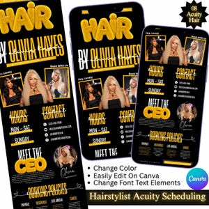 May include: A digital marketing template for a hair salon business featuring the text Hair by Olivia Hayes, booking information, business hours, contact details, and booking policies. The design includes photographs of a person with blonde hair.