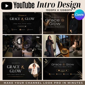 May include: A digital template for a YouTube intro design titled Grace & Glow, featuring a black and gold color scheme with elegant typography, lifestyle imagery, social media icons, and subscribe buttons, presented in a 1920px by 12080px layout.
