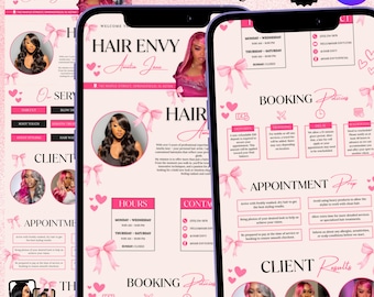 May include: A pink and white digital flyer for a hair stylist's booking site, featuring the text "Hair Envy Amelia Jane." The flyer includes images of hairstyles, booking policies, and appointment preparation instructions.