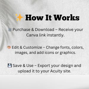 May include: A white background with the text "How It Works" in bold black font. The steps include purchasing and downloading a Canva link, editing and customising the design, and saving and using the design on an Acuity site.