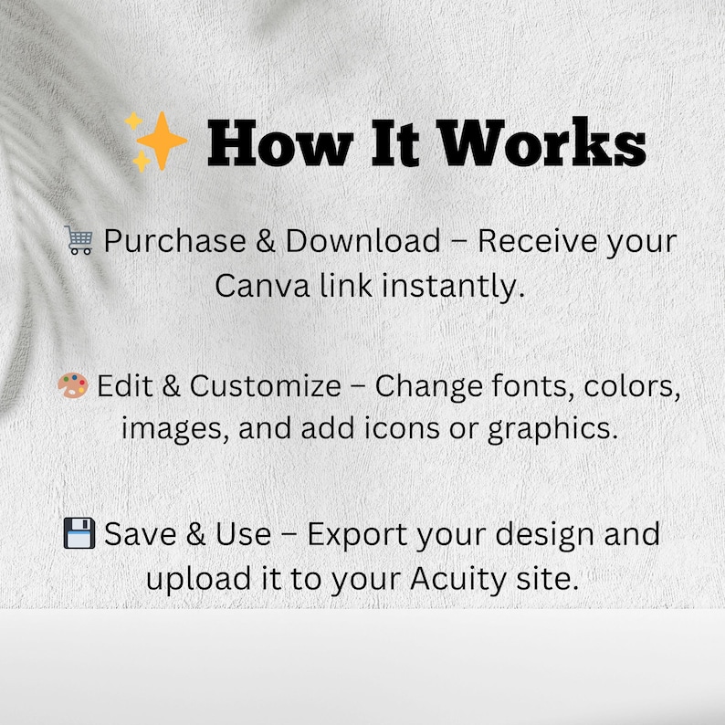 May include: A white background with the text "How It Works" in bold black font. The steps include purchasing and downloading a Canva link, editing and customising the design, and saving and using the design on an Acuity site.