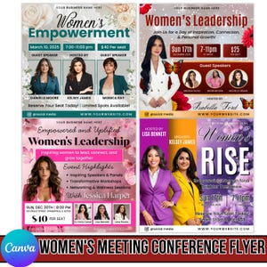 May include: A collection of four flyers for women's empowerment and leadership conferences. Each flyer features images of speakers, event details, and the text "Women's Empowerment," "Women's Leadership," and "Women's RISE."