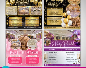May include: Four party rentals flyer templates with gold and black, and pink and purple color schemes. Each flyer includes event services such as event styling, custom designs, and photo booths. The flyers also list event types.
