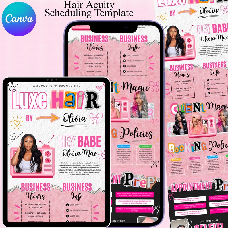 May include: A pink and white digital template for a hair salon, featuring the text "Luxe Hair by Olivia" and "Hey Babe Olivia Mac." The template includes sections for business hours, info, and booking policies.