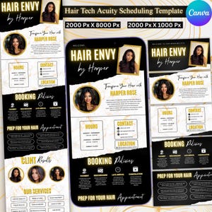 May include: A digital template for a hair salon, featuring the text "Hair Envy by Harper." The design includes sections for hours, contact, booking policies, and services. The color scheme is black, gold, and white, with images of a woman with long hair.