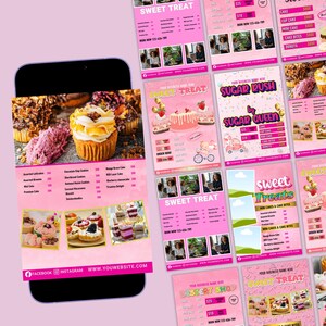 Op de afbeelding: Een smartphone toont een roze dessertmenu met afbeeldingen van cupcakes, taarten en gebak. Het menu bevat prijzen en een lijst met items zoals mini-cakes en donuts. Op de achtergrond zijn andere dessertmenu's te zien.