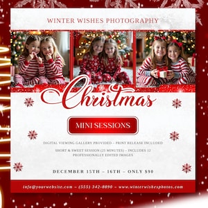 Può includere: Annuncio natalizio con tre foto di bambini in pigiama. L'annuncio include il testo "Winter Wishes Photography" e "Christmas Mini Sessions". Lo sfondo è rosso con fiocchi di neve.