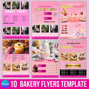 Op de afbeelding: Tien roze bakkerij flyer templates. Elke flyer toont afbeeldingen van taarten en cupcakes, met prijzen en contactgegevens. De flyers zijn ontworpen voor een dessertwinkel.