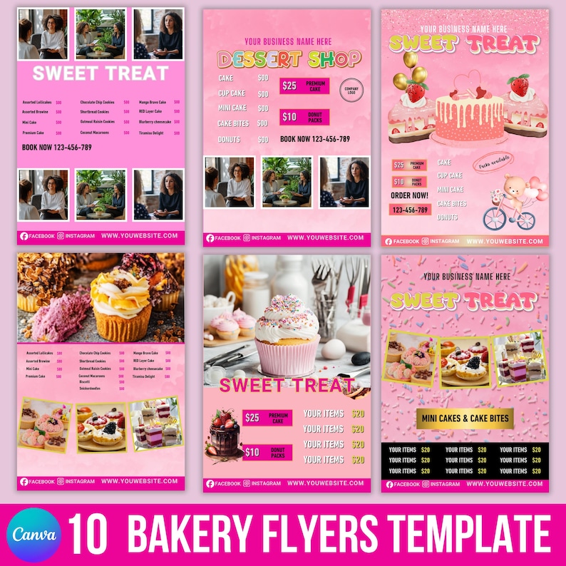 Op de afbeelding: Tien roze bakkerij flyer templates. Elke flyer toont afbeeldingen van taarten en cupcakes, met prijzen en contactgegevens. De flyers zijn ontworpen voor een dessertwinkel.