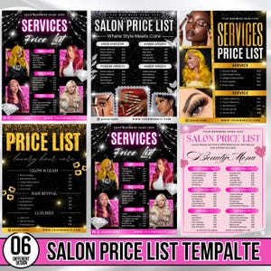 Op de afbeelding: Een verzameling salonprijslijst-sjablonen in verschillende ontwerpen. Elke sjabloon bevat secties voor diensten zoals haarverzorging, nagelverzorging, waxen en make-up. De sjablonen bevatten afbeeldingen van kapsels en schoonheidsbehandelingen, met tekst als "Services" en "Prijslijst".