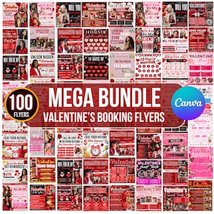 May include: A collection of 100 Valentine's Day booking flyers in a mega bundle. The flyers are predominantly red and white, featuring various designs with hearts, roses, and images of people. Text includes "Valentine's," "Sweet Treats," and "Mega Bundle."
