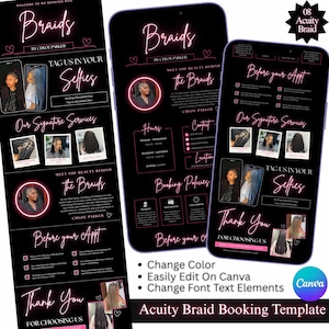 May include: A digital booking template for a hair braiding service featuring a black background with neon pink text. The layout includes sections for signature services, contact information, booking policies, and client photos with the title Braids by Chloe Parker.