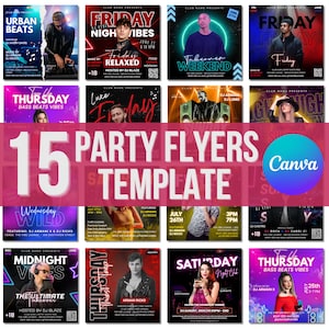 May include: A collection of 15 party flyer templates with various designs. Each flyer features event details, including dates, times, and DJ names. The flyers use a variety of colors and graphics, with the Canva logo in the corner.