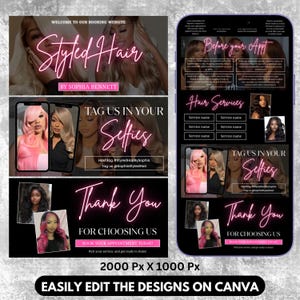 Puede incluir: Gr&aacute;fico promocional para un servicio de estilismo capilar, con el texto "Styled Hair" en rosa ne&oacute;n y el nombre "Sophia Bennett". El dise&ntilde;o incluye im&aacute;genes de cabello peinado, una maqueta de tel&eacute;fono y llamadas a la acci&oacute;n.