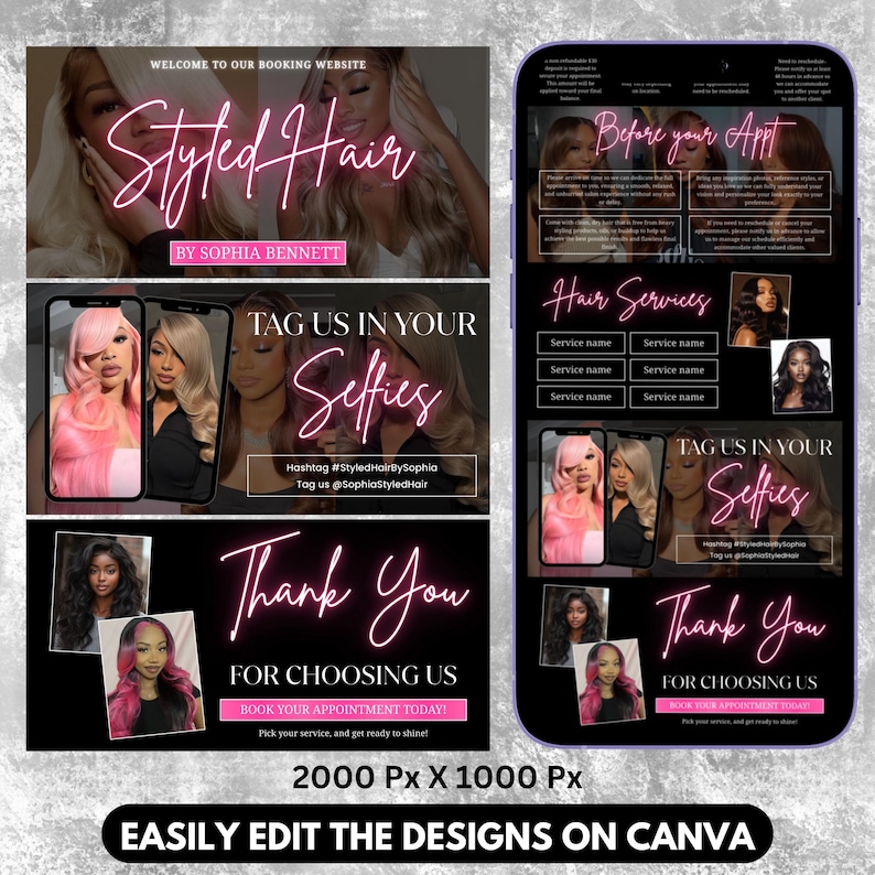 Puede incluir: Gr&aacute;fico promocional para un servicio de estilismo capilar, con el texto "Styled Hair" en rosa ne&oacute;n y el nombre "Sophia Bennett". El dise&ntilde;o incluye im&aacute;genes de cabello peinado, una maqueta de tel&eacute;fono y llamadas a la acci&oacute;n.