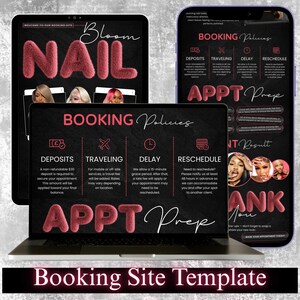 May include: A digital marketing image showcasing a nail salon booking site template. The design features a tablet, laptop, and phone displaying booking policies, nail art, and appointment preparation details. The color scheme is black and pink.