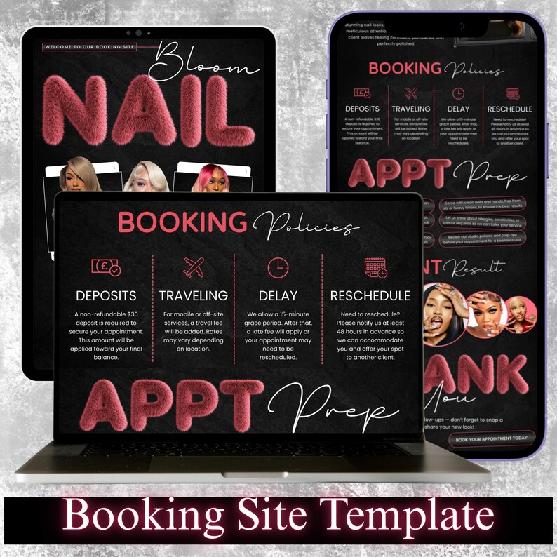 May include: A digital marketing image showcasing a nail salon booking site template. The design features a tablet, laptop, and phone displaying booking policies, nail art, and appointment preparation details. The color scheme is black and pink.