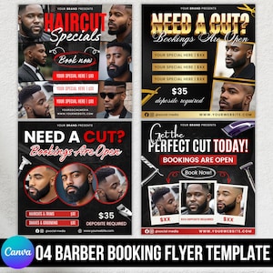 May include: A black and gold barber booking flyer template with images of men with various haircuts and beard styles. The flyer includes text such as "Haircut Specials," "Need a Cut?" and "Get the Perfect Cut Today!" with booking information.