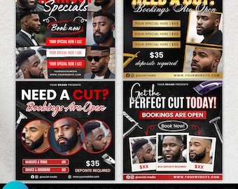 Könnte beinhalten: Eine schwarze und goldene Friseur-Buchungs-Flyer-Vorlage mit Bildern von Männern mit verschiedenen Haarschnitten und Bartstilen. Der Flyer enthält Texte wie "Haircut Specials", "Need a Cut?" und "Get the Perfect Cut Today!" mit Buchungsinformationen.