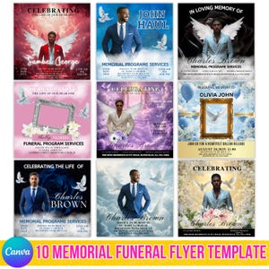 May include: A collection of ten memorial funeral flyer templates. Each flyer features a photo of a person, angel wings, doves, and text. The flyers have various color schemes, including blue, pink, and purple, with text such as "Celebrating the Life of Our Dear One."