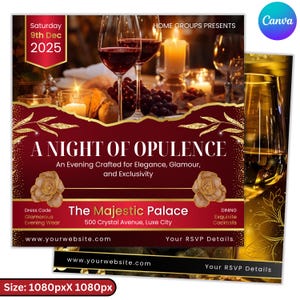 May include: An advertisement for "A Night of Opulence" event. The design has a dark red background with gold details, text, and images of wine glasses, candles, and flowers. The event is at The Majestic Palace.