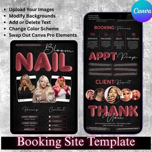May include: A digital template for a nail salon booking site, displayed on a tablet and a phone. The design features a black background with pink accents, including the word "NAIL" in a fluffy font. The template includes sections for booking policies, appointment prep, and client results.