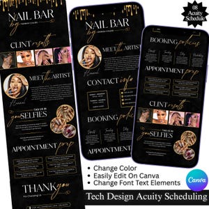 May include: A digital design for a nail salon, displayed on three smartphones. The design features a black background with gold accents, showcasing client results, artist information, booking policies, and appointment prep details. The design includes the text "NAIL BAR by Hannah Collins."