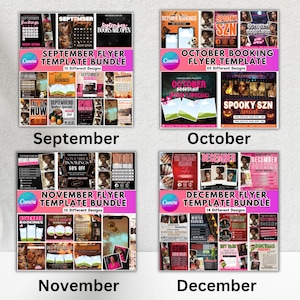May include: A set of Canva flyer templates for September, October, November, and December. Each month's bundle includes multiple designs with text such as "Bookings" and "Special". The templates are in pink, black, and white.